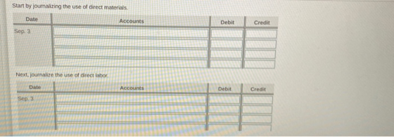 Start by journalizing the use of direct materials. Date Accounts Debit Credit Sep. 3 Next, journalize the use of direct labor
