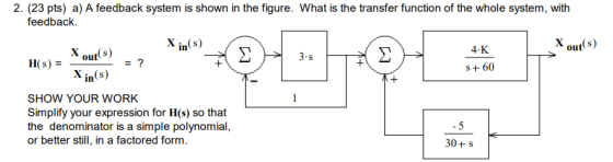 - = ? 2. (23 pts) a) A feedback system is shown in the figure. What is the transfer function of the whole system, with feedba