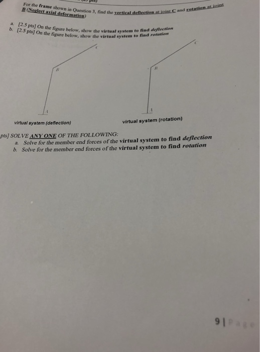 For the frame shown in Question 3, find the and a. 12.5 pts] On the figure below, show the virtual system to rind rotation b. 12.5 ptsj On the figure below, show the virtual system to find rota virtual system (deflection) virtual system (rotation) pts) SOLVE ANY ONE OF THE FOLLOWING: a. Solve for the member end forces of the virt b. Solve for the member end forces of the virtual system to find rotation ual system to find deflection 9 1