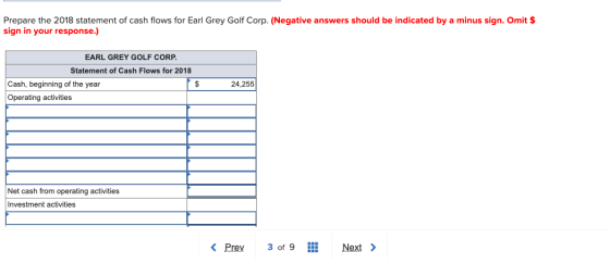 Prepare the 2018 statement of cash flows for Earl Grey Golf Corp. (Negative answers should be indicated by a minus sign. Omit