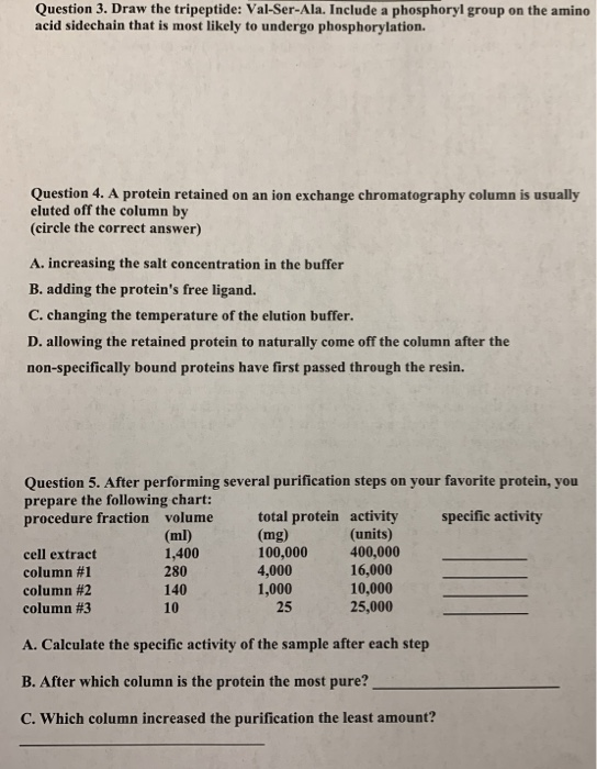 Question 3. Draw the tripeptide: Val-Ser-Ala. Include a phosphoryl group on the amino acid sidechain that is most likely to u