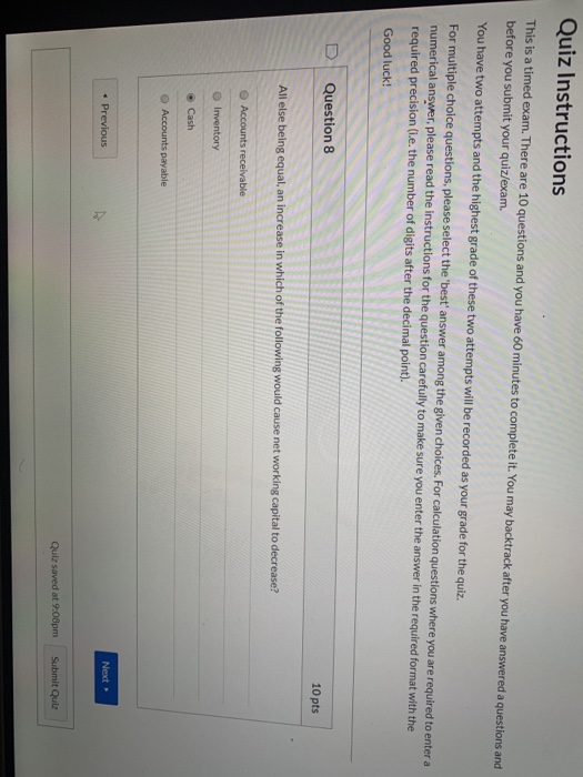 Quiz Instructions This is a timed exam. There are 10 questions and you have 60 minutes to complete it. You may backtrack afte