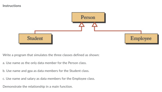 Instructions Person Student Employee Write a program that simulates the three classes defined as shown: a. Use name as the on