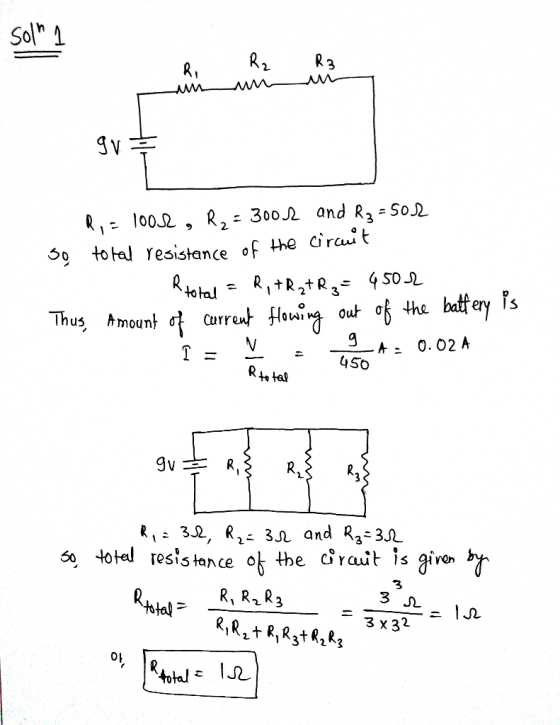 R. R2 Към R3 gv Ry - 10012, R2 = 300 1 and R3 =502 30 total resistance of the circuit C R total = R , +R₂1 R₂ = 4502 Thus, Am