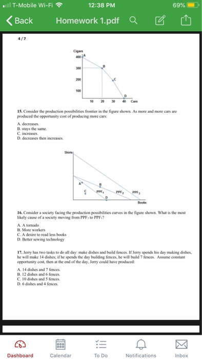 l T-Mobile Wi-Fi 12:38 PM 69% BackHomework 1.pdf Qa Cigars 15. Consider the production possibilities frontier in the figure shown. As more and more cars are produced the opportunity cost of producing more crs A. decreases. B. stays the same. C. increases D. decreases then increases 16. Consider a socicty facing the prodaction possibilities curves in the figure shown What is the most lakcly cause of a socicty moving from PPFs to PPFI A. A tornmado B. More workers C. A desire to read less books D. Better sewing technology 17. Jerry has two tasks to do all day make dishes and build fences. If Jerry spends his day making dishes, he will make 14 dishes; if he spends the day building fences, he will build 7 fences. Assume constant opportunity cost, then at the end of the day, Jerry could have produced A. 14 dishes and 7 fences B 12 dishes and 6 fences. C. 10 dishes and 5 fences. D, 6 dishes and 4 fences Dashboard Calendar TO DO Notifications Inbox