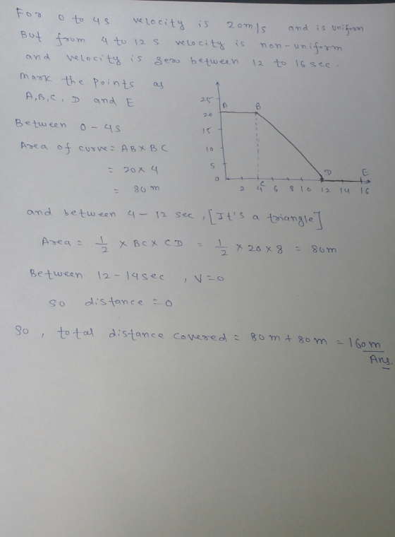 2 om Samd is uniform and elocits s btwesn 12 to 16 cc mak the Points a A,c and E 25 2.0 Between AS 1 6 ond between 41 se ts a taiangle Area Between 14 secN So dlistance o 8ototal distance Covered 8o mm 1Go m Ans.