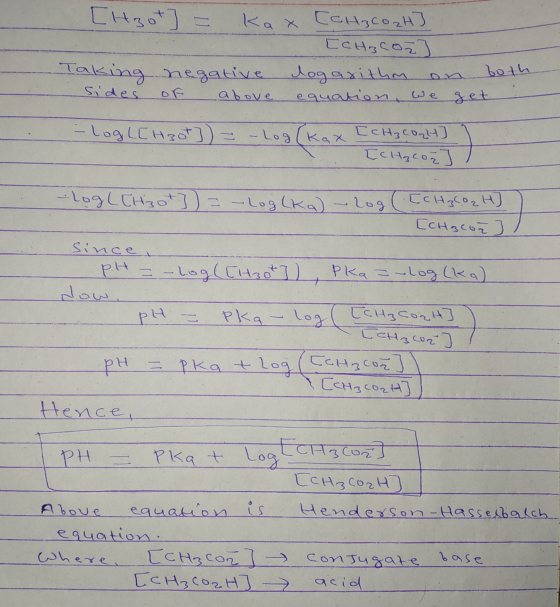 [Hot] = kax [CH3CO2H] [CH3což] Taking negative logarithm on both sides of above equation, we get - - - log[Hot] - - Log ( kax