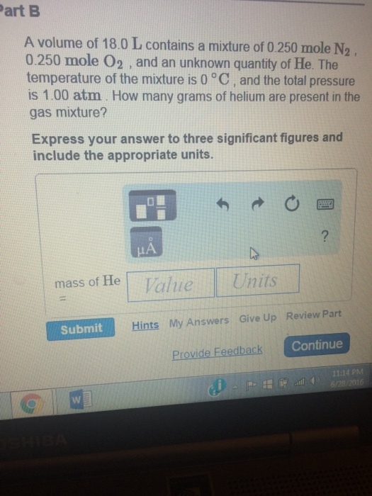 A volume of 18.0 L contains a mixture of 0.250 mol