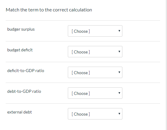 Match the term to the correct calculation budger surplus [Choose] budget deficit [Choose] deficit-to-GDP ratio [Choose] debt-