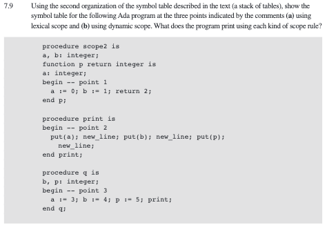 7.9 Using the second organization of the symbol table described in the text (a stack of tables), show the symbol table for th
