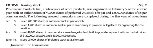 EX 12-8 Issuing stock Obj. 2 Professional Products Inc., a wholesaler of office products, was organized on February 5 of the