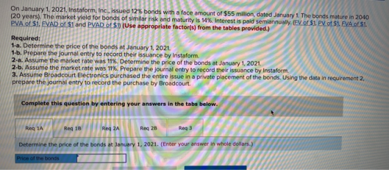 On January 1, 2021, Instaform, Inc., issued 12% bonds with a face amount of $55 million, dated January 1. The bonds mature in