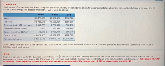Problem 2-2 Stockholders of Acme Company, Baltic Company, and Colt Company are considering alternative arrangements for a bus