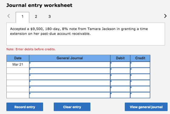 Journal entry worksheet 1 3 Accepted a $9,500, 180-day, 8% note from Tamara Jackson in granting a time extension on her past-