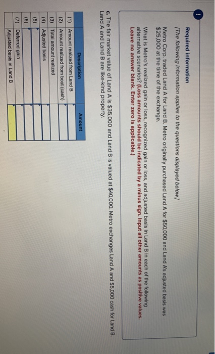 Required information (The following information applies to the questions displayed below) Metro Corp. traded Land A for Land