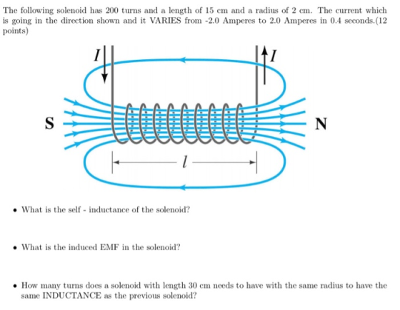 The following solenoid has 200 turns and a length of 15 cm and a radius of 2 cm. The current which is going in the direction