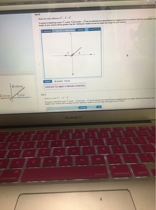 Part B Skelch the vector diference DA-B B (18.0 m) 370 MacBook Air 20