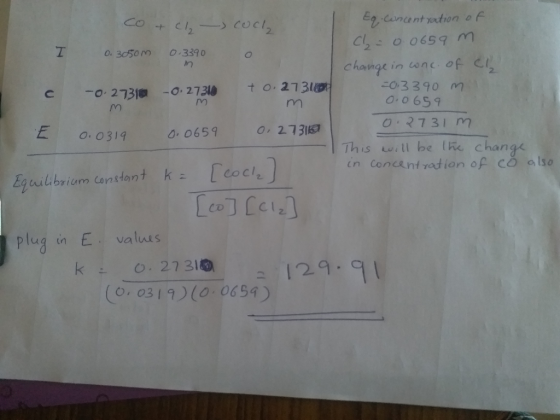 co + Cl - Coch 0. 3050m 0.3390 m c -0.27316 -0.27310 +0.273160 Eq. concentration of Cl₂ = 0.0659 m change in one of ch =0.339