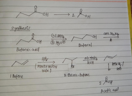 LOH - →2 Kou synthesis cone H2804 에 OLIAH W H2o6 OH Butanoic aid Butanol Her alcoholie koth Marko Vnikov rule) I Butene 2 Bro