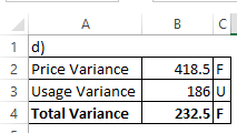 B C A 1 d) 2 Price Variance 3 Usage Variance 4 Total Variance 418.5 F 1861 232.5 F