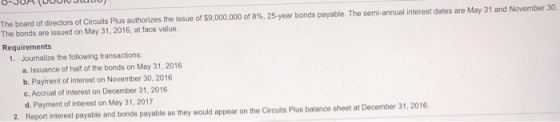 O-JUA UUU JULU) The board of directors of Circuits Plus authorizes the issue of $9,000,000 of 8%, 25-year bonds payable. The