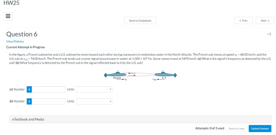 HW25 Send to Gradebook < Prev Next > --/1 Question 6 View Policies Current Attempt in Progress In the figure, a French submar