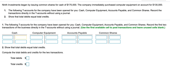 Ninth Investments began by issuing common shares for cash of $170,000. The company immediately purchased computer equipment o