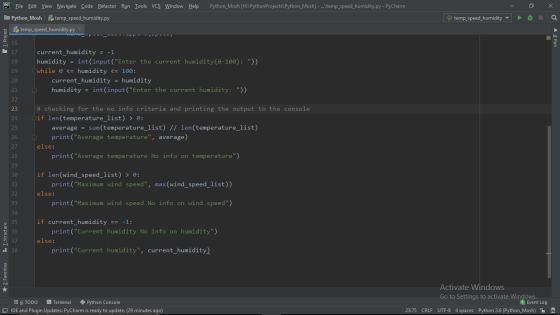 PC Tools VCS Window Help Python_Mosh [H:\Python Projects\Python_Mosh] - ...temp_speed_humidity.py - PyCharm - File Edit View