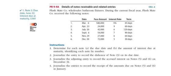 PR 9-4A Details of notes receivable and related entries Flush Mate Co. wholesales bathroom fixtures. During the current fiscal year, Flush Mate Co. received the following notes: OBJ. 6 1. Note 2: Due date, June 22; Interest due at maturity, $360 Date Mar. 6 Apr. 23 July 20 Sept. 6 Nov. 29 Dec. 30 Face Amount Interest Rate Term 80,000 24,000 42,000 54,000 27,000 72,000 45 days 60 days 120 days 90 days 60 days 30 days 2. 3. How 5. 6. Instructions 1. Determine for each note (a) the due date and (b) the amount of interest due at maturity, identifying each note by number 2. Journalize the entry to record the dishonor of Note (3) on its due date 3. Journalize the adjusting entry to record the accrued interest on Notes (5) and (6) on 4. Journalize the entries to record the receipt of the amounts due on Notes (5) and (6) in January