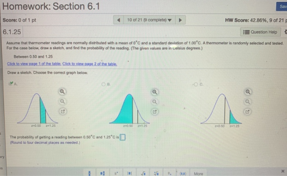 Homework: Section 6.1 Sav Score: 0 of 1 pt 10 of 21 (9 complete) HW Score: 42.86%, 9 of 21 6.1.25 Question Help Assume that t
