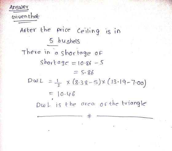 Anstwer tiventhat After the price Će、ling ,so 5 bushels Theve in a Shor tage of ge = 10:86-5 Shor t a =5-86 = 10.46 Du L is the area oethe tiangle 米