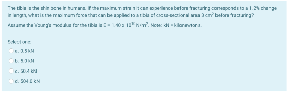 The tibia is the shin bone in humans. If the maximum strain it can experience before fracturing corresponds to a 1.2% change
