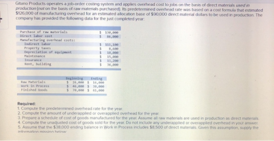 Gitano Products operates a job-order costing system and applies overhead cost to jobs on the basis of direct materials used i