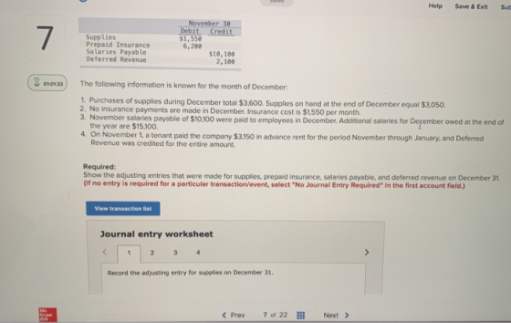 Help Save & Exit Sut 7 Supplies Prepaid Insurance Salaries Payable Deferred Revenue November 30 Debit Credit $1,550 6,200 $10