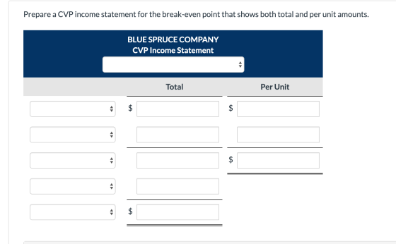 Prepare a CVP income statement for the break-even point that shows both total and per unit amounts. BLUE SPRUCE COMPANY CVP I