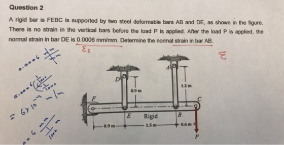 Question 2 A rigid bar is FEBC is supported by two steel deformable bars AB and DE, as shown in the figure. There is no strain in the vertical bars before the load P is applied. After the load P s applied, the normal strain in bar DE is 0.0006 mm/mm. Determine the normal strain in bar AB. 1.2 m 0.9 m E Rigid 1.5 m