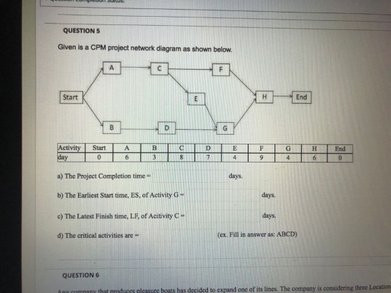 QUESTION 5 Given is a CPM project network diagram as shown below. А C F Start E Н. End B D G A B D E F G H Activity day Start