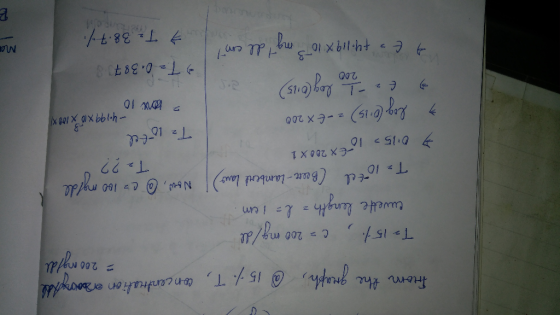 from the graph @ 15% T, concentration er antall = 200 mg/de To 15%, ca 200 mg/dl cuvette length = l = 1 m Tz 18ted (Beere-Lam