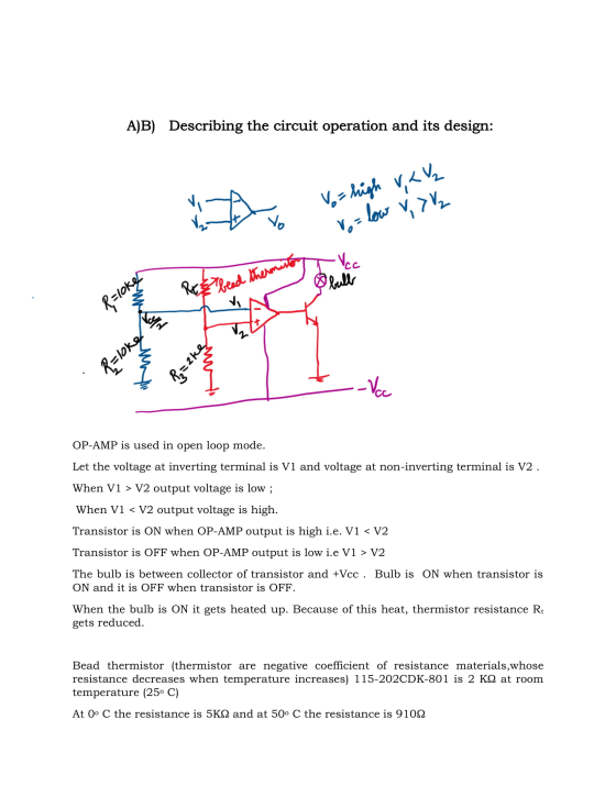 A)B) Describing the circuit operation and its design: i vor high v,< V₂ Vo= low V, > - I Vec - RE bead thermistor Red Roloker