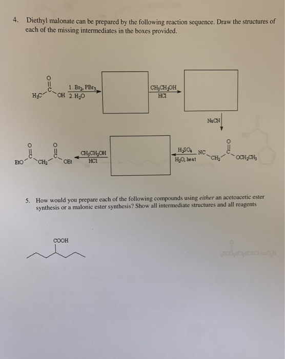 Diethyl malonate can be prepared by the following reaction sequence. Draw the structures of each of the missing intermediates