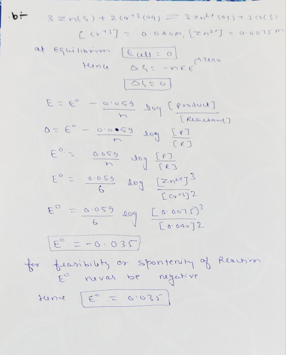 bi 3 znis) + 2(n+3 (ag) = 3 zn2t (aq) + 2 cols) Costs] = 0.040m, [Zn2+] = 0.0075 m at Equilibrim E cell= o] - Tunce asa-nFE a