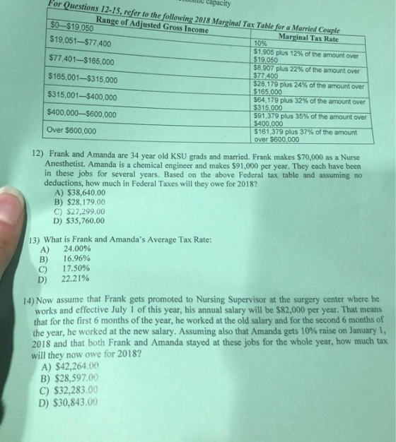 1010 capacity For Questions 12-15, refer to the following 2018 Marginal Tax Table for a Married Couple Range of Adjusted Gros
