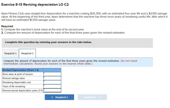 Exercise 8-13 Revising depreciation LO C2 Apex Fitness Club uses straight-line depreciation for a machine costing $25,300, wi