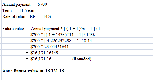 Annual payment = $700 Term = 11 Years Rate of return, RR = 14% Future value = Annual payment *((1+) n - 1]/I = $700 * [(1 +1