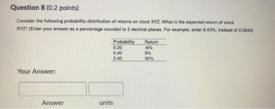 Question 8 (0.2 points) Consider the following probability distribution of returns on stock XYZ. What is the expected return