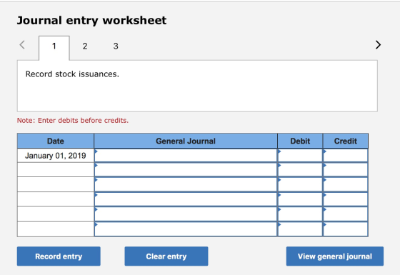 Journal entry worksheet 2 3 Record stock issuances. Note: Enter debits before credits. Date General Journal Debit Credit Janu