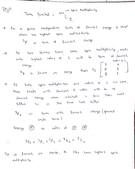 Sul 20.12 a spin multiplicity. - Term Term Symbal = 2511? Sym → For energy is that a given which has configuration, highest s