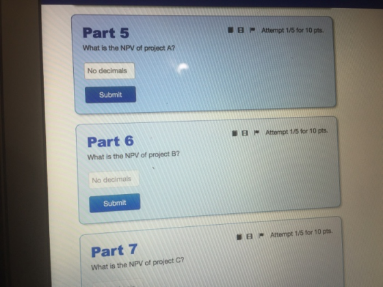 Part 5 Attempt 1/5 for 10 pts. B What is the NPV of project A? No decimals Submit Attempt 1/5 for 10 pts. Part 6 What is the