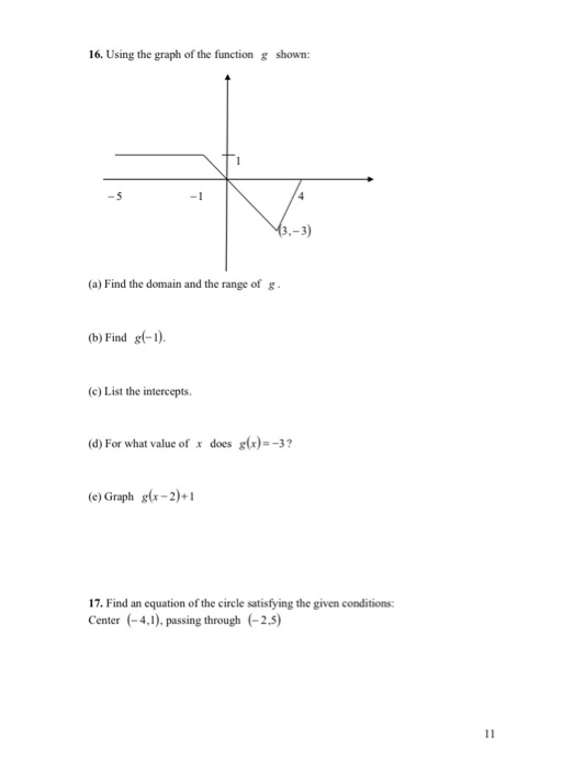 16. Using the graph of the function g shown: (a) Find the domain and the range of . (b) Find :(-1). (c) List the intercepts.