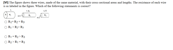[VI] The figure shows three wires, made of the same material, with their cross-sectional areas and lengths. The resistance of